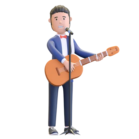 Musiker Singt Wahrend Er Akustikgitarre Spielt Charakter 3 D Illustration 3D Illustration