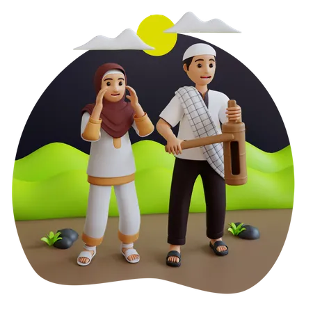 Muslim boy and girl doing Sehri  3D Illustration