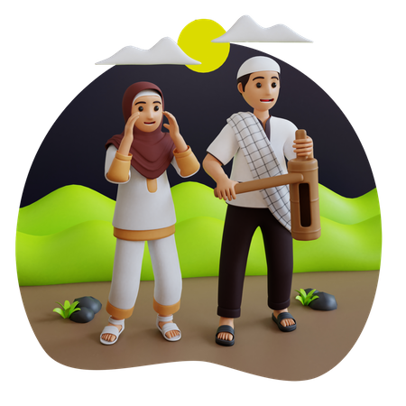 Muslim boy and girl doing Sehri 3D Illustration