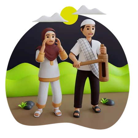 Muslim boy and girl doing Sehri 3D Illustration
