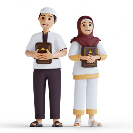 Muslim boy and girl reading Quran in the holy month of Ramadan  3D Illustration