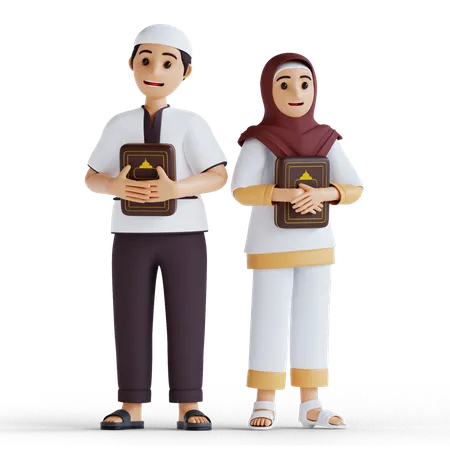 Muslim boy and girl reading Quran in the holy month of Ramadan  3D Illustration