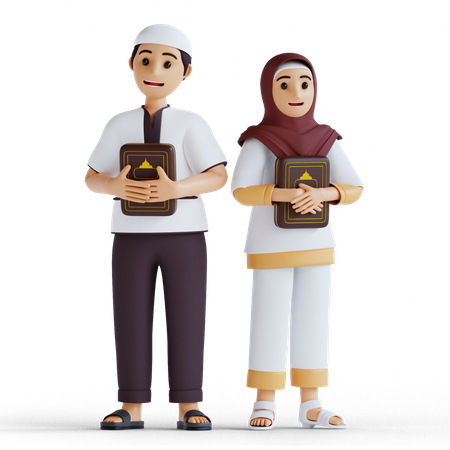 Muslim boy and girl reading Quran in the holy month of Ramadan 3D Illustration