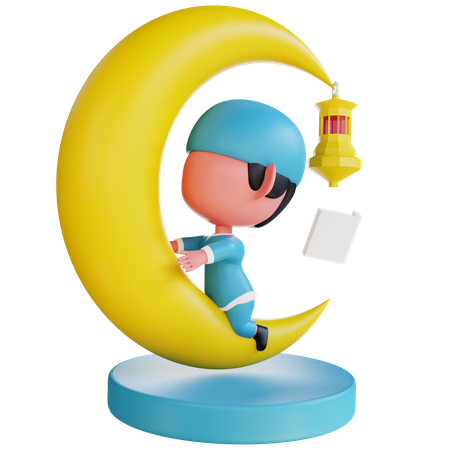 Muslim boy and  moon  3D Illustration