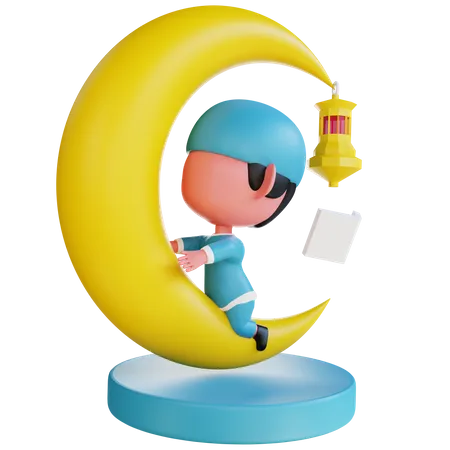 Muslim boy and  moon  3D Illustration