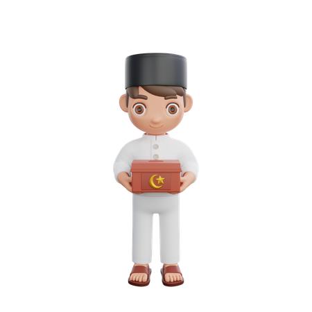 Muslim Boy Holding Charity Box  3D Illustration