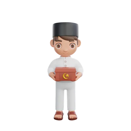 Muslim Boy Holding Charity Box  3D Illustration