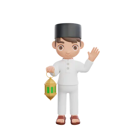 Muslim boy holding islamic lantern  3D Illustration