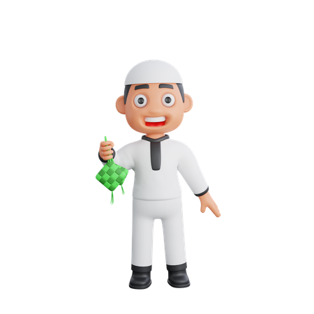 Muslim boy holding kepupat  3D Illustration