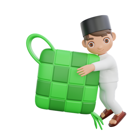 Muslim boy holding ketupat  3D Illustration