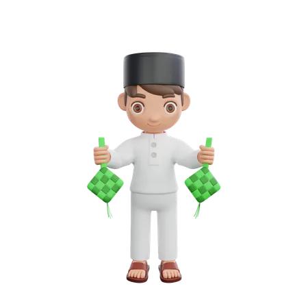 Muslim boy holding ketupat  3D Illustration