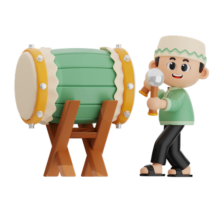 Muslim Boy Playing Drum Bedug  3D Illustration