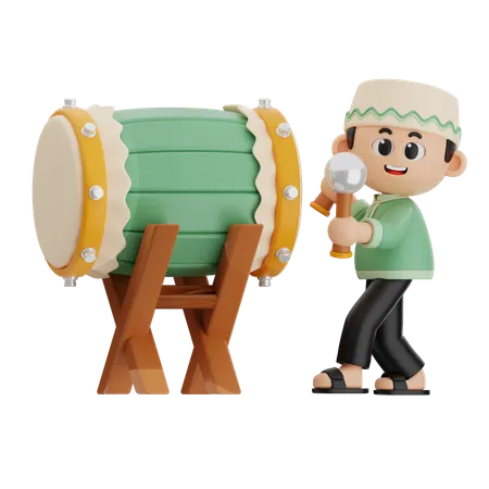 Muslim Boy Playing Drum Bedug  3D Illustration