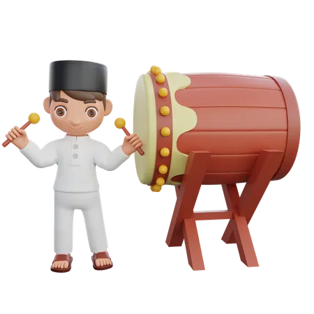 Muslim boy playing ramadan drum  3D Illustration