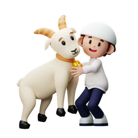 Muslim boy playing with goat  3D Illustration