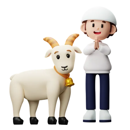 Muslim boy showing greetings with goat  3D Illustration