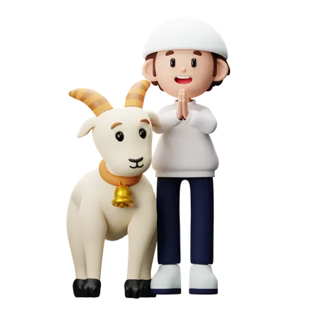 Muslim boy showing greetings with goat  3D Illustration