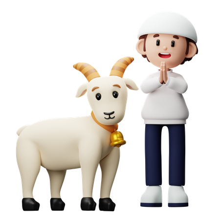 Muslim boy showing greetings with goat  3D Illustration