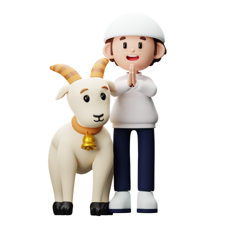 Muslim boy showing greetings with goat  3D Illustration