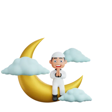 Muslim boy sitting on moon and doing prayer  3D Illustration