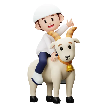 Muslim boy sitting on top of goat  3D Illustration