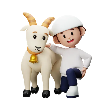 Muslim boy sitting with goat  3D Illustration