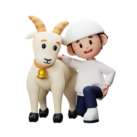 Muslim boy sitting with goat  3D Illustration