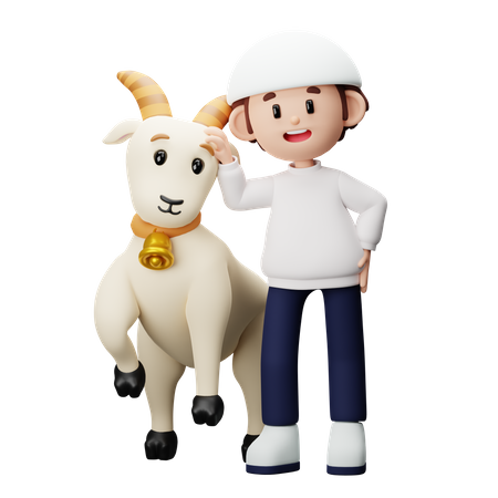 Muslim boy standing with goat  3D Illustration