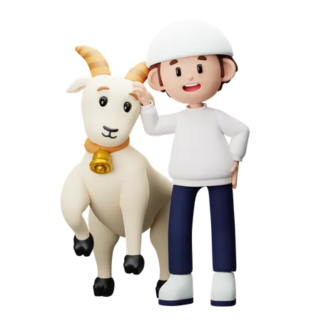 Muslim boy standing with goat  3D Illustration