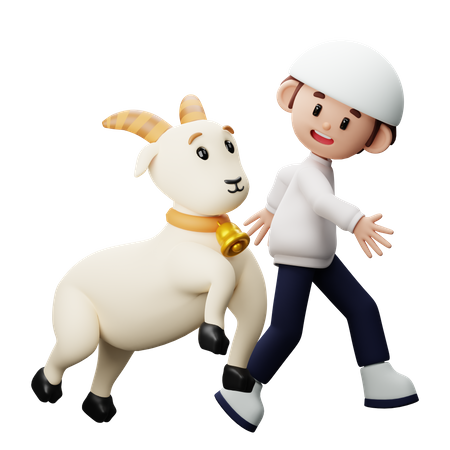 Muslim boy walking with goat  3D Illustration