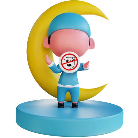 Muslim boy with no pig sign  3D Illustration