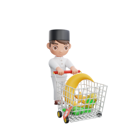 Muslim Boy with shopping trolley  3D Illustration