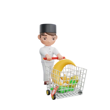 Muslim Boy with shopping trolley  3D Illustration