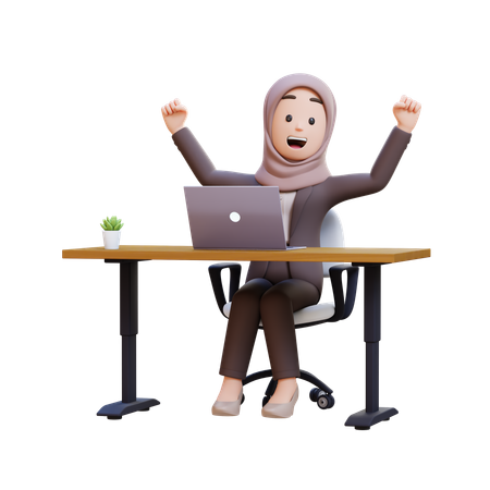 Muslim Businesswoman Celebrating In Desk With Laptop  3D Illustration