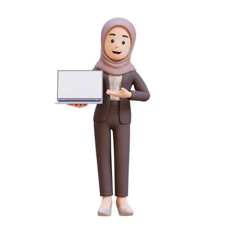 Muslim Businesswoman Holding And Presenting To Laptop With Empty Screen  3D Illustration