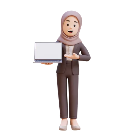 Muslim Businesswoman Holding And Presenting To Laptop With Empty Screen  3D Illustration
