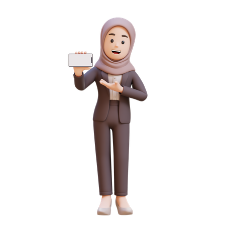 Muslim Businesswoman Holding And Presenting To Smart Phone With Empty Screen  3D Illustration