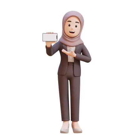 Muslim Businesswoman Holding And Presenting To Smart Phone With Empty Screen  3D Illustration