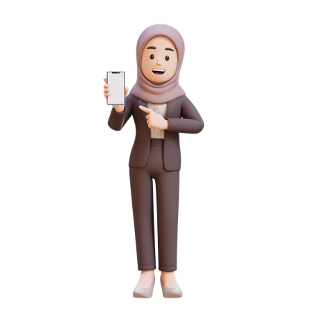 Muslim Businesswoman Holding Cell Phone And Pointing To It  3D Illustration