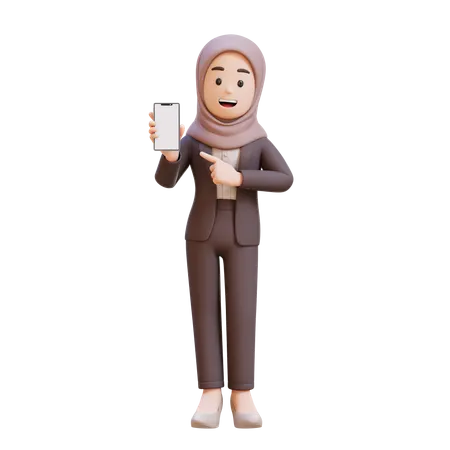 Muslim Businesswoman Holding Cell Phone And Pointing To It  3D Illustration