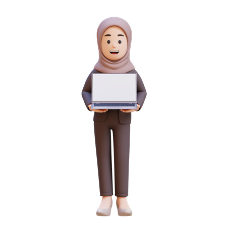 Muslim Businesswoman Holding Laptop  3D Illustration