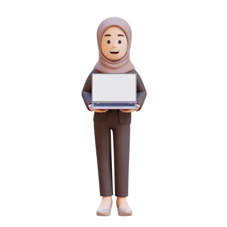 Muslim Businesswoman Holding Laptop  3D Illustration