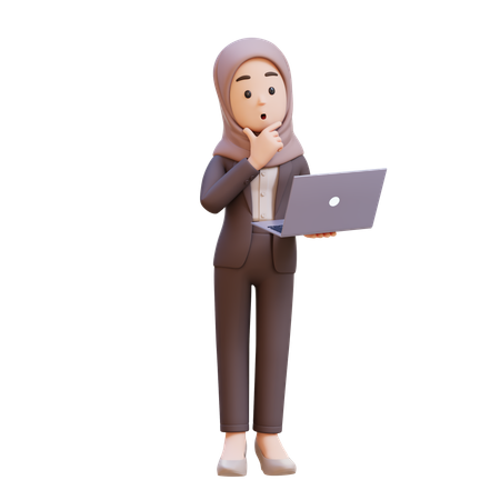 Muslim Businesswoman Holding Laptop And Thinking  3D Icon