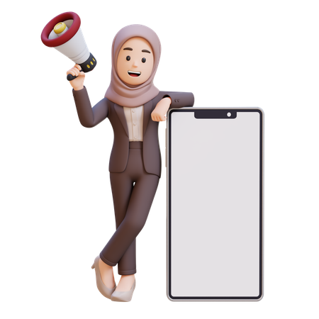 メガホンを持ち、大きな携帯電話の隣に立つイスラム教徒のビジネスウーマン  3D Icon