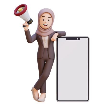 Muslim Businesswoman Holding Megaphone And Standing Next To Big Cell Phone  3D Illustration