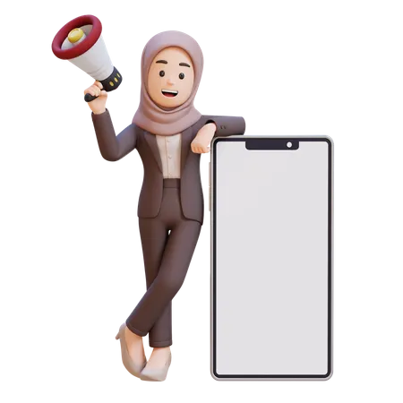 Muslim Businesswoman Holding Megaphone And Standing Next To Big Cell Phone  3D Illustration