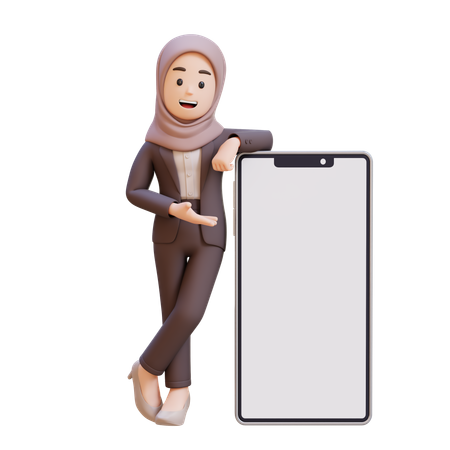 Muslim Businesswoman Laying And Presenting On Big Smart Phone With Empty Screen  3D Icon
