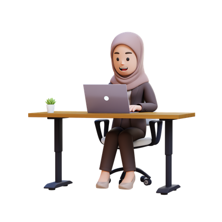 Muslim Businesswoman Sitting At Desk With Laptop  3D Illustration