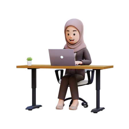 Muslim Businesswoman Sitting At Desk With Laptop  3D Illustration
