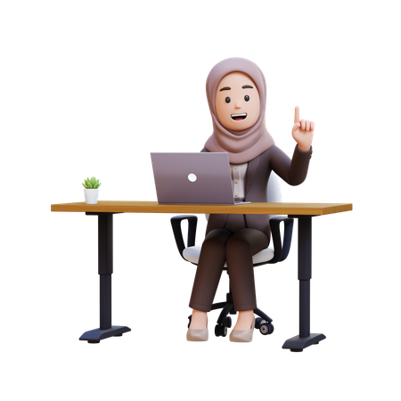 Muslim Businesswoman Sitting At Desk With Laptop And Getting Idea  3D Illustration